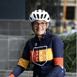 Carol Cooke wearing her bike riding gear