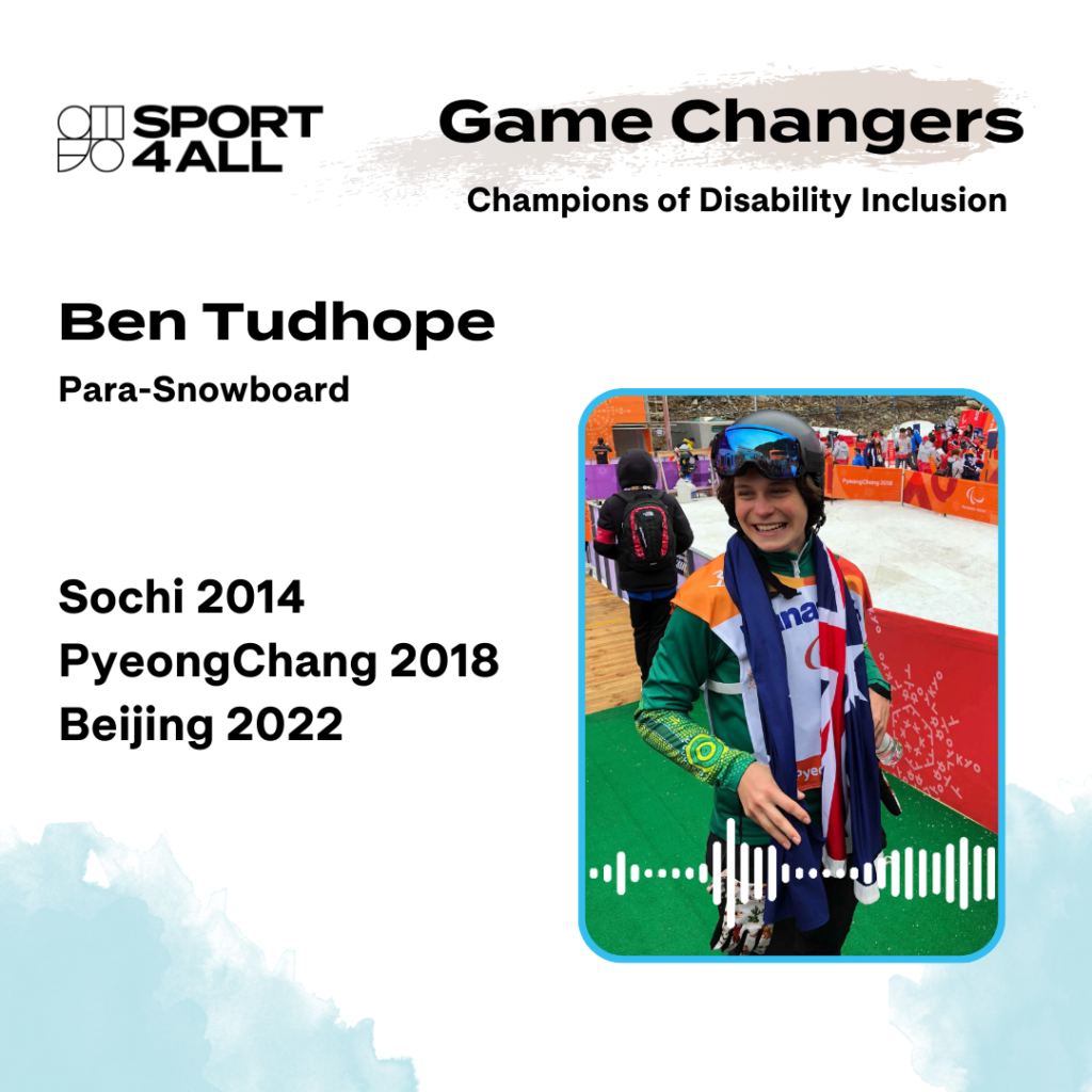 Ben Tudhope standing proudly, surrounded by the Paralympic Games logos from 2014 to 2022. A visual timeline of his remarkable journey in snowboarding and triumphs on the global stage.