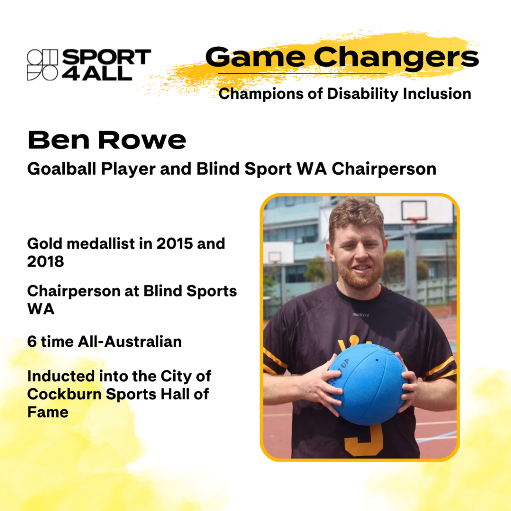 Image featuring Ben Rowe donning holding a basketball, accompanied by the Sport4All logo and Game Changers campaign branding.