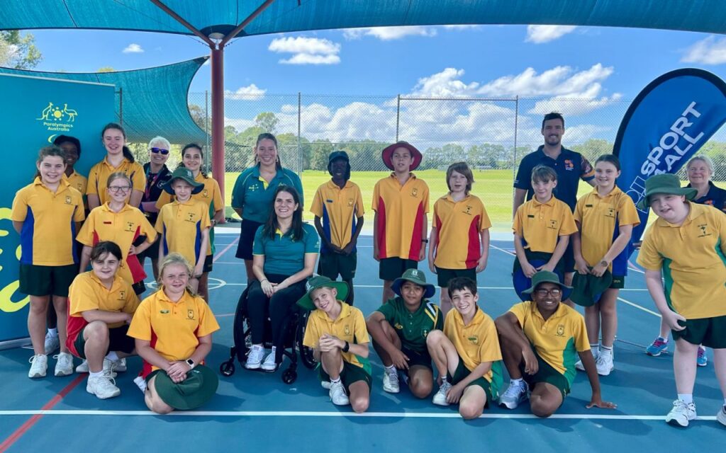 A group picture of paralympics Australia and Sport4All staff along with Students at St Paul’s Lutheran Primary School in Caboolture.