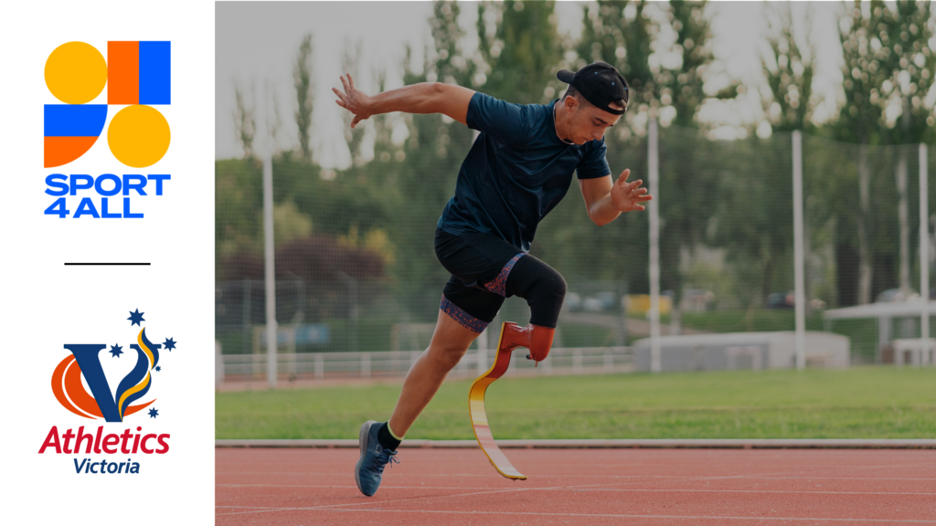 A man with a prosthetic leg runs on an athletics track. He is wearing a backwards hat, a black t-shirt, and shorts. The track stretches behind him, lined with green grass on either side. On the left of the image the Sport4All logo and Athletics Victoria logo are shown.