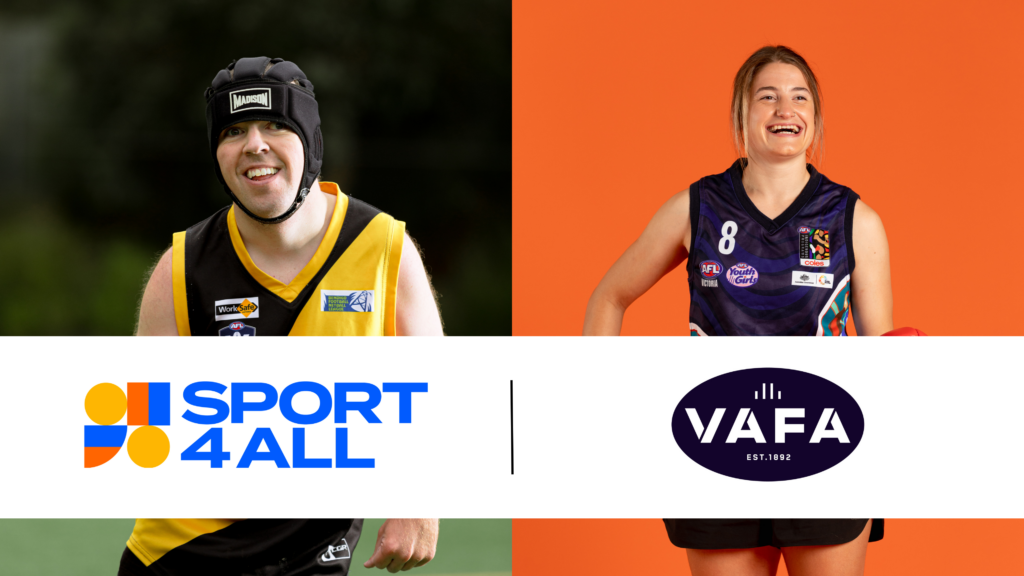 The image is divided into two halves. On the left side, a male football player is smiling and holding a football while facing the camera. On the right side, a female football player is depicted passing the ball to a teammate. She is smiling and looking away from the camera. In front of both images are the Sport4All and VAFA logos.