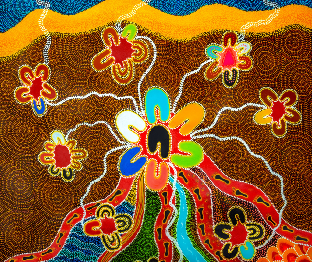 The image is a portion of Sport4All's Aboriginal artwork. The artwork tells the story of our Sport4All program, of people coming from rainforest, river, desert, and ocean Country, and people coming from other countries over big seas. It tells the story of our LGBTIQA+ community, and everyone coming together to yarn about inclusive sport. This artwork represents disability in the tracks: people with non-visible disabilities, people who use wheelchairs, and people who use guide dogs and walking sticks.