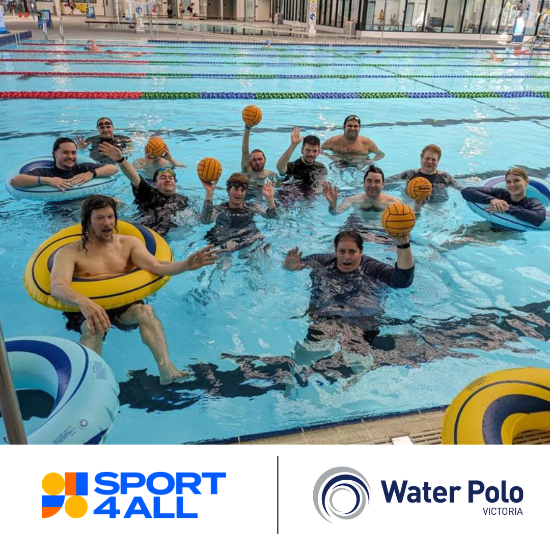 A diverse group of people in a pool, some with disabilities, holding a water polo ball and smiling together. Sport4All and Water Polo Victoria logo is at the bottom of the image.