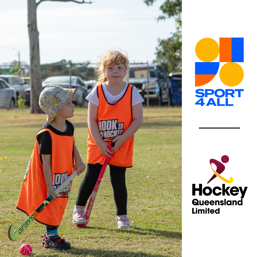 In this image, two kids are shown wearing orange team jerseys and holding hockey sticks. The girl in the forefront is wearing a hat and is about to hit the ball. In the background, another girl is looking at the first girl in action, also holding a hockey stick and participating in the activity. To the right of this image, the Sport4All and Hockey QLD logos are shown.