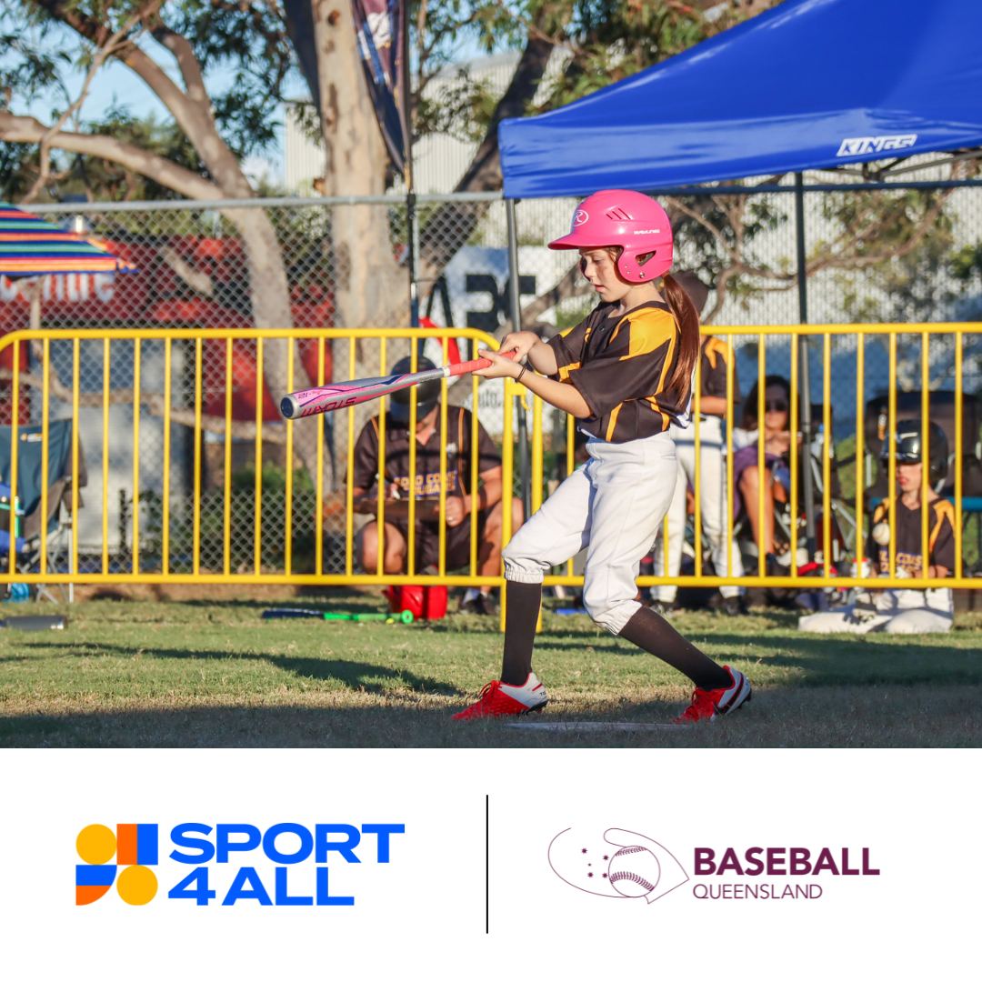 This image features a young girl wearing a brown shirt and white pants on a baseball field. She is wearing a pink helmet and holding a pink baseball bat, captured in an action shot where she has swung the bat and is about to hit the baseball. In the background, other teammates and a coach can be seen, blurred at a distance. The Sport4All logo and Baseball Queensland logo are at the bottom of the image.