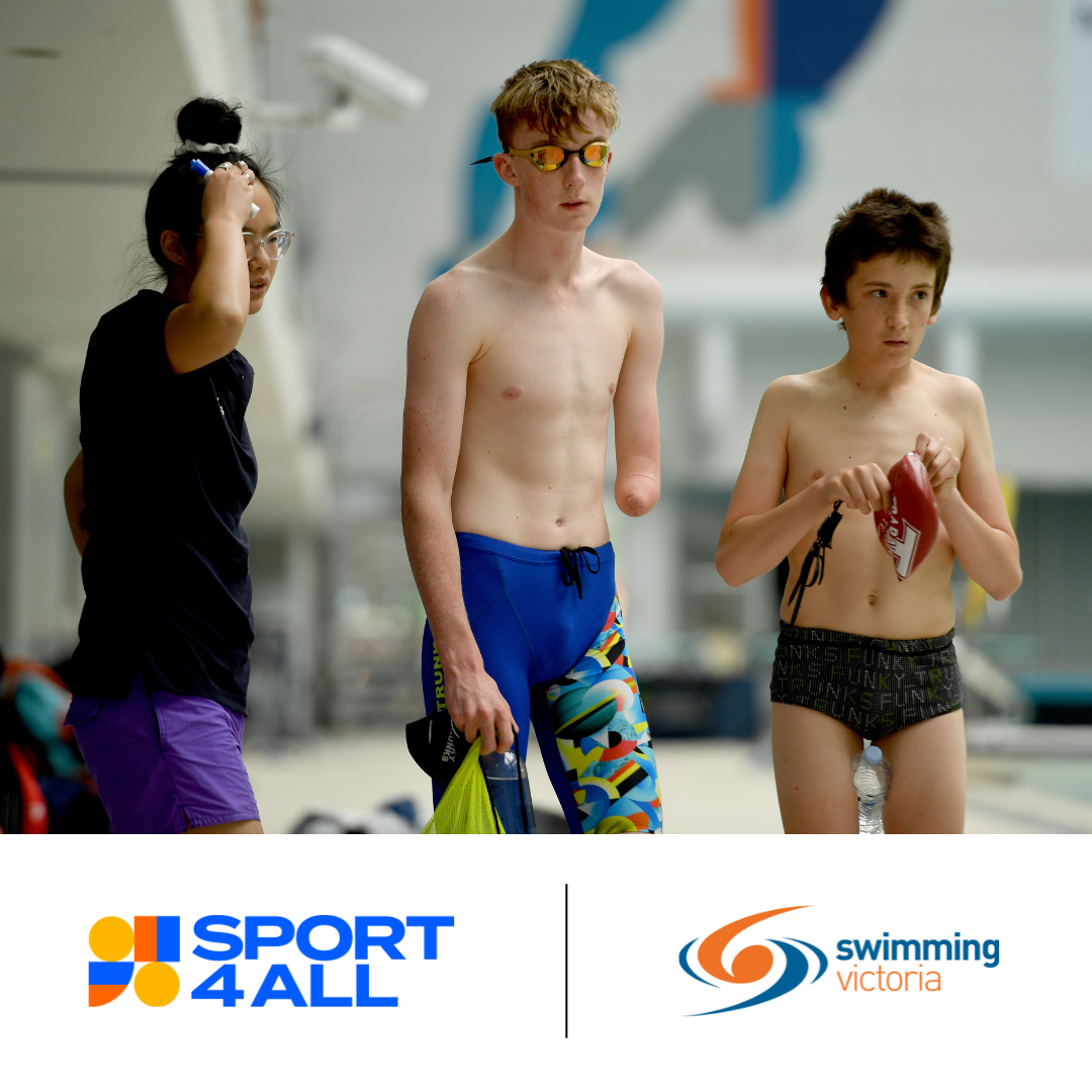 In an aquatic center, three young people are standing together. From left to right, the first person wears a black shirt and purple shorts, with dark hair and spectacles, holding a marker. The middle person wears blue swimming trunks and swimming goggles, with congenital hand differences where the left hand is missing below the wrist. The third person, a young boy, is seen putting on a swimming cap and holding swimming goggles in his hand. Below the group, logos of Sport4All and Swimming Victoria are prominently displayed.