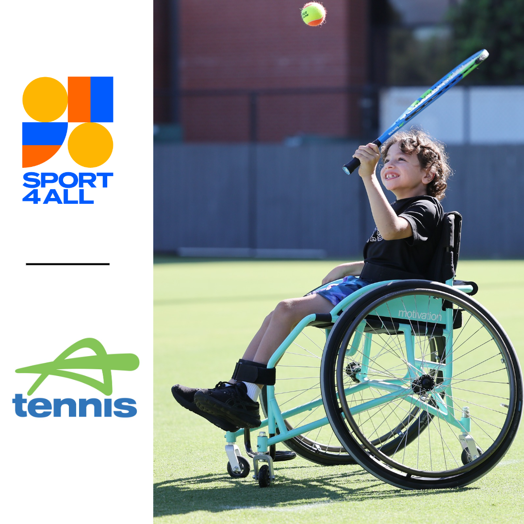 On a sports field, a young tennis player in a wheelchair, dressed in a black shirt and blue shorts, holds a tennis racquet in his left hand, preparing to hit the ball. He is smiling and focused on the ball, ready to make his shot. To the left of the image, the Sport4All and Tennis SA logos are visible.