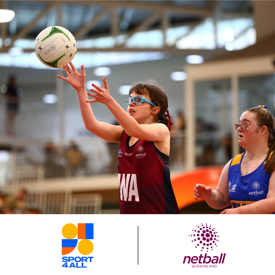 Two girls playing netball on a court, both wearing protective glasses, one in red and the other in blue. Sport4All and Netball QLD logos appear below the image.