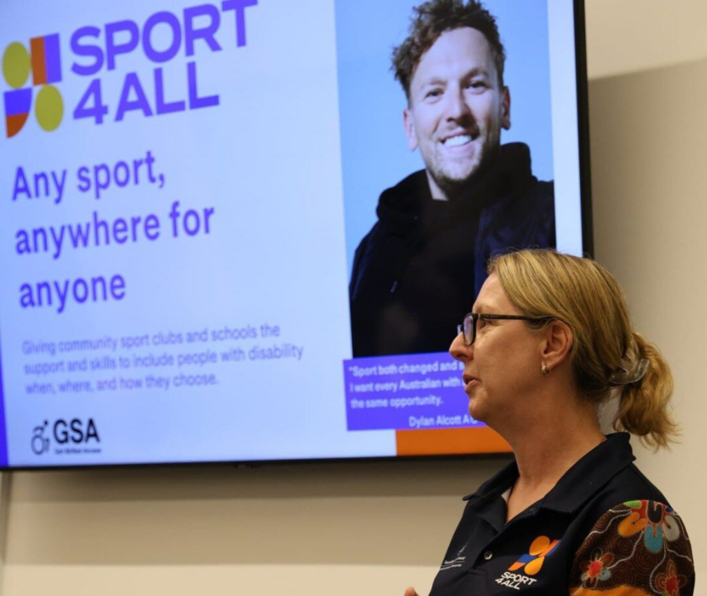 State Manager, Jenny, delivering a Sport4All session at a conference.