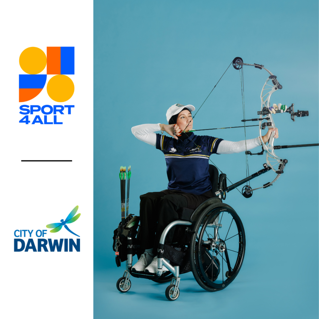 Sport4All and City of Darwin logos on the left. A wheelchair archer is aiming her bow on a green background.
