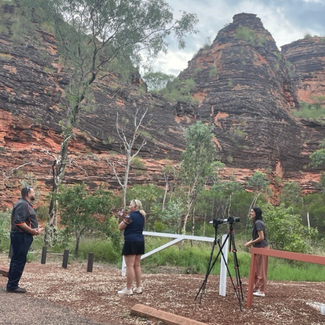 A wide shot of Kimberley ranges with Sport4All team and camera set up shown