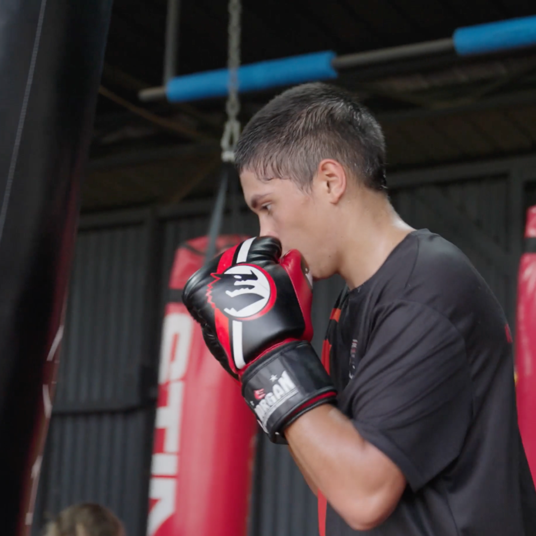 A young man is doing boxing training