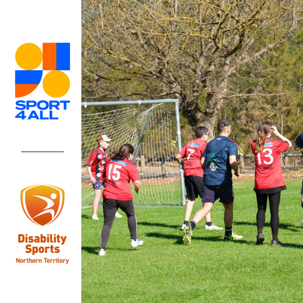 Group of people playing soccer wearing red and blue shirts. Logos of Sport4All and Disability Sports Northern Territory is to the left of the image