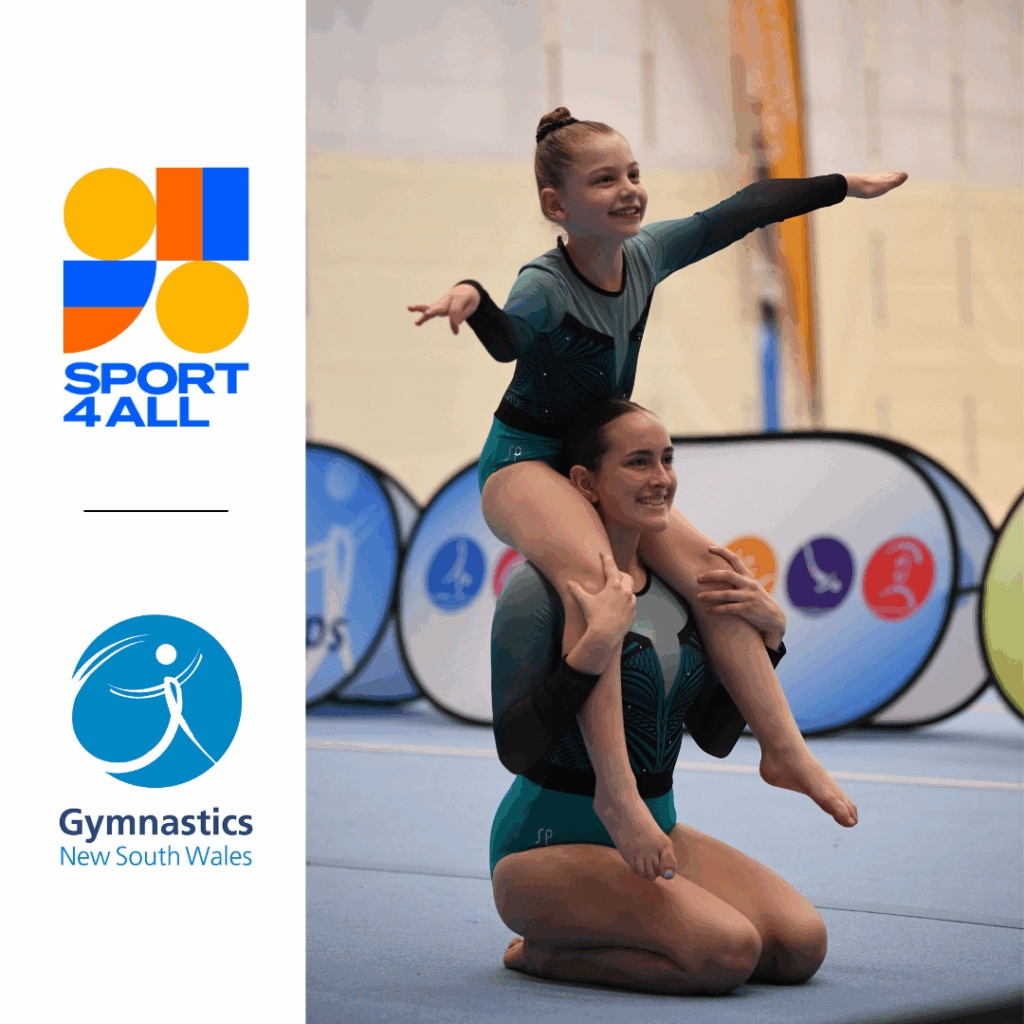 Two young female gymnasts smile during a routine. One gymnast sits on the other’s shoulders with arms outstretched. Both wear matching teal and black leotards. Sport4All and GYmnastics NSW logos are on the left of the image.