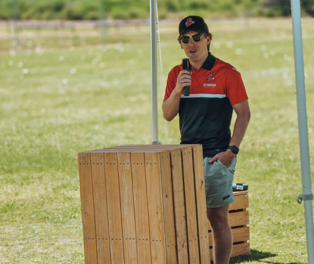 Bethanga Cricket Club President Jack Robinson addressing members and community representatives at a club event, reflecting local leadership commitment to inclusion.