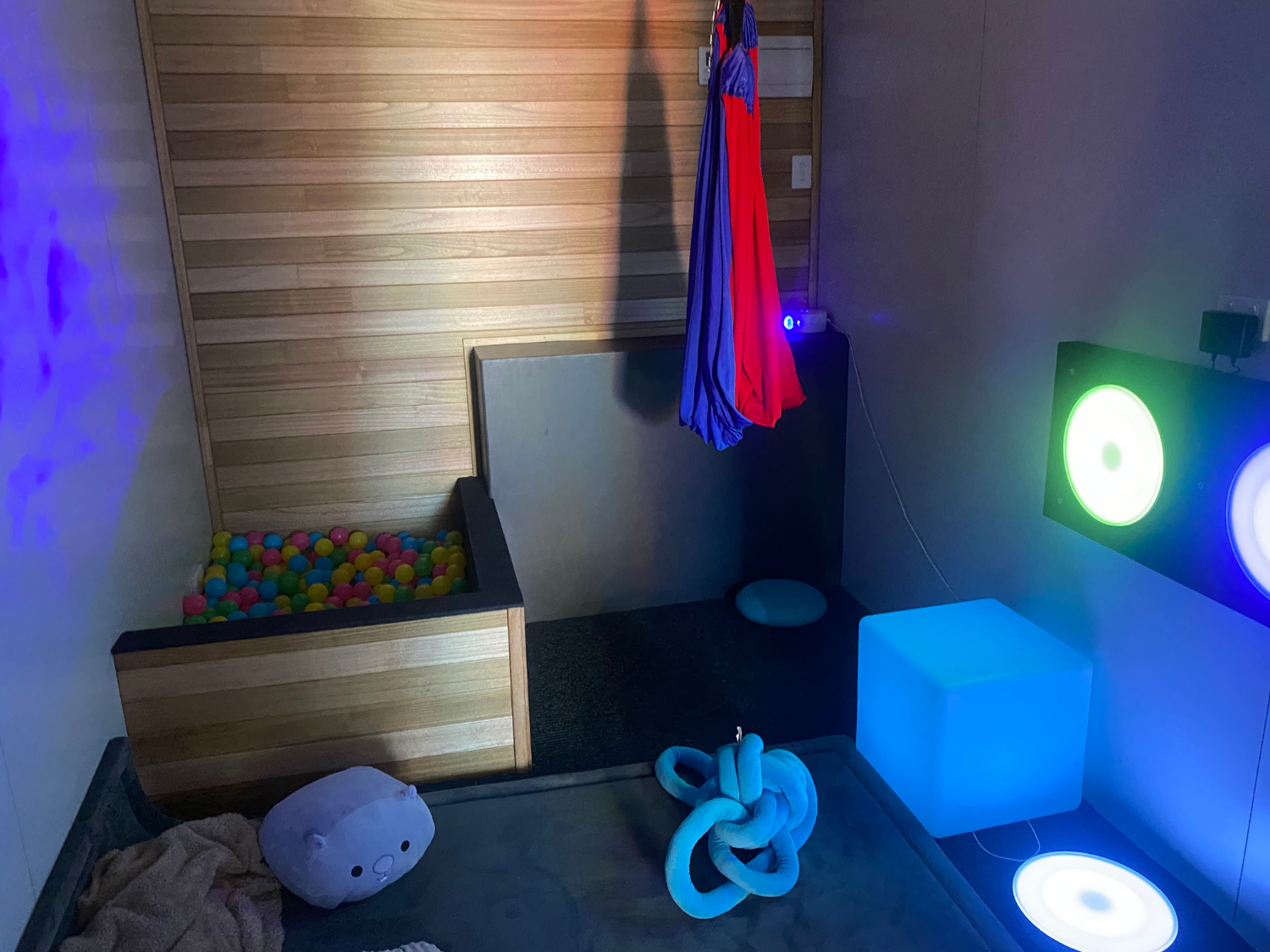 A quiet sensory space with soft lighting, a ball pit and calming equipment.