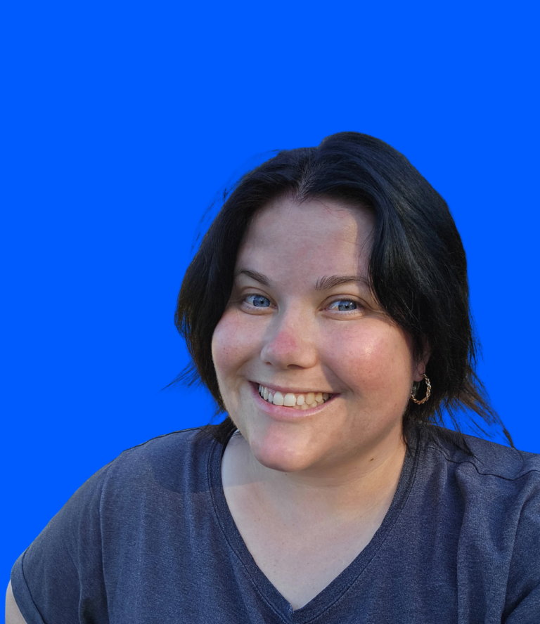 Tayla's close up image in blue top