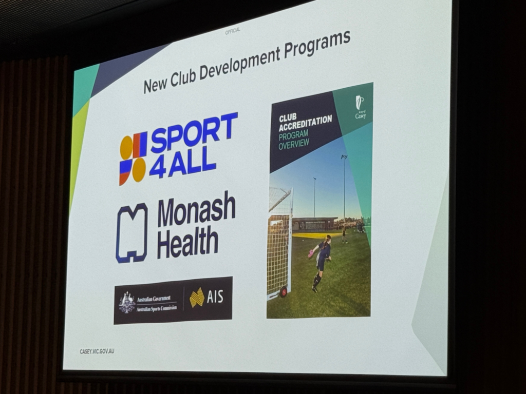 Presentation slide introducing Sport4All, Monash Health and the City of Casey Club Accreditation Program.
