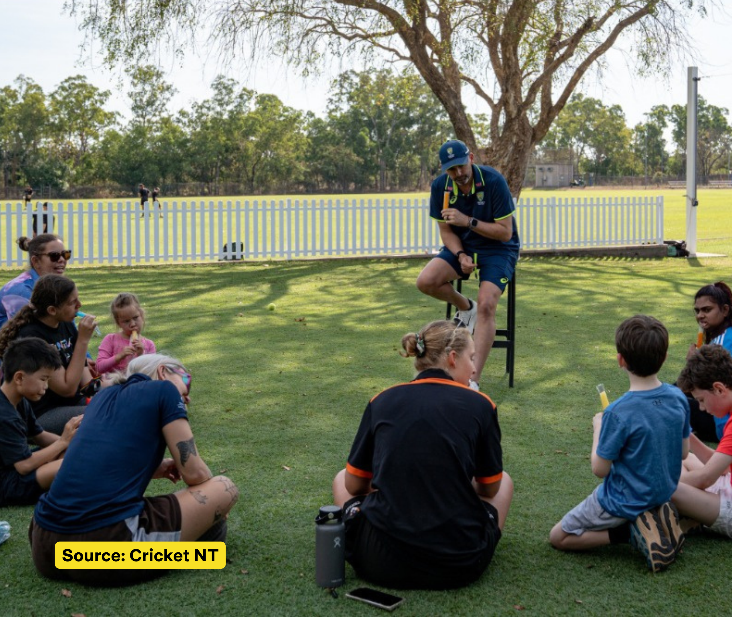 Children and adults sit on the grass in a semicircle around Nathan Lyon in a Cricket Australia uniform, with several children eating iceblocks.
